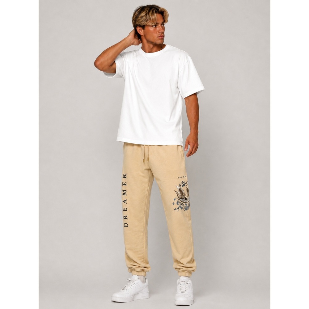 YoungLA Dreamer 100% Cotton Sweatpants Cream Embroidered Crane Joggers L